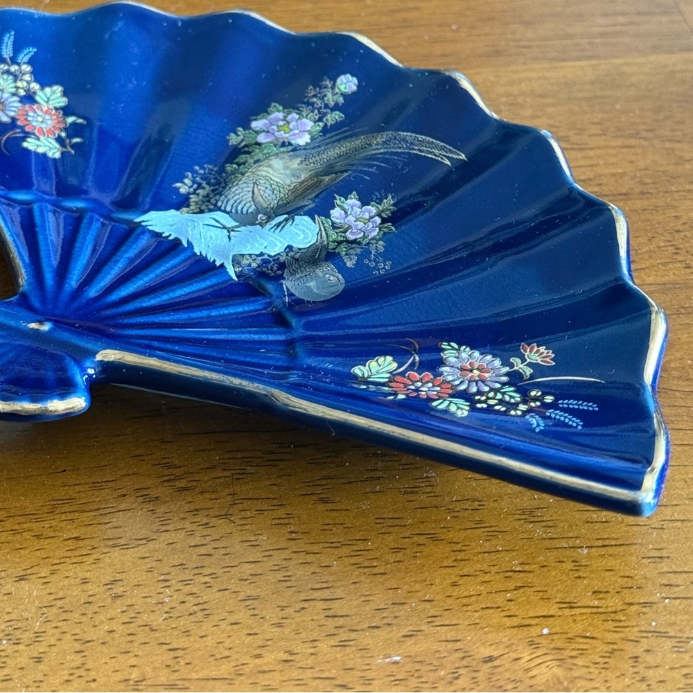 Vintage Kutani Japan Cobalt Blue Floral Pheasant Porcelain Fan Trinket Dish - Picture 4 of 9